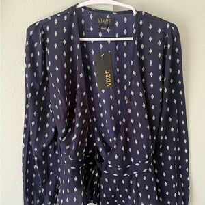 Vixbe Navy Wrap Blouse with White Geo Motif